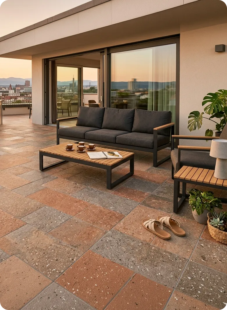 Neu verlegte Terrassenfliesen auf einer Dachterrasse von Maibach Bau