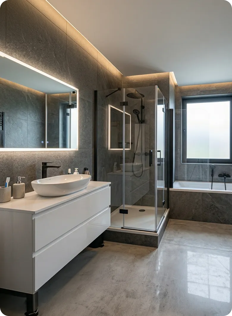 Saniertes Badezimmer mit Waschtisch und bodengleicher Dusche von Maibach Bau