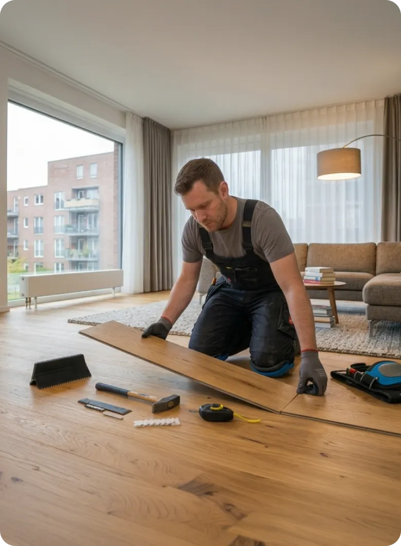 Bodenleger von Maibach Bau beim Verlegen eines Holzbodens in Allersberg