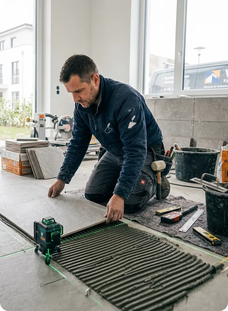 Fliesenleger von Maibach Bau bei der Verlegung von Bodenfliesen