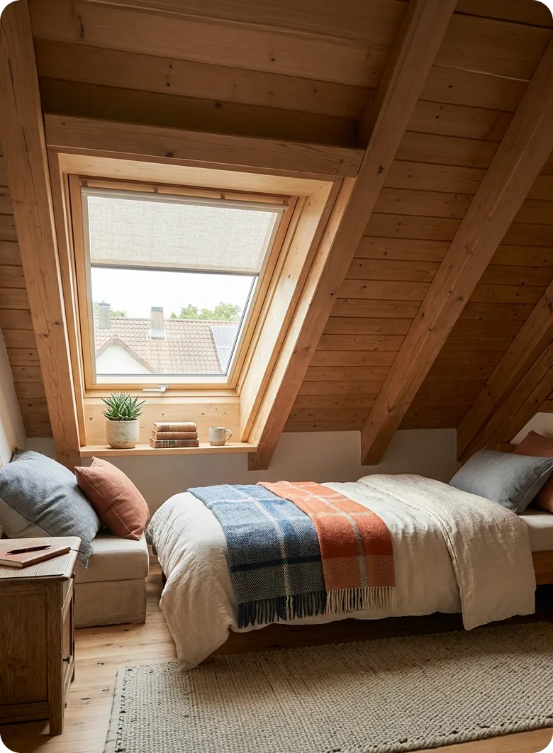 Neues Dachfenster in einem Schlafzimmer, eingebaut von Maibach Bau in Allersberg