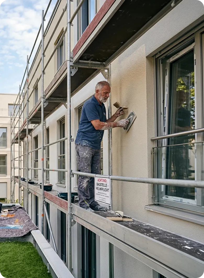 Maler von Maibach Bau beim Fassadenanstrich auf einem Gerüst