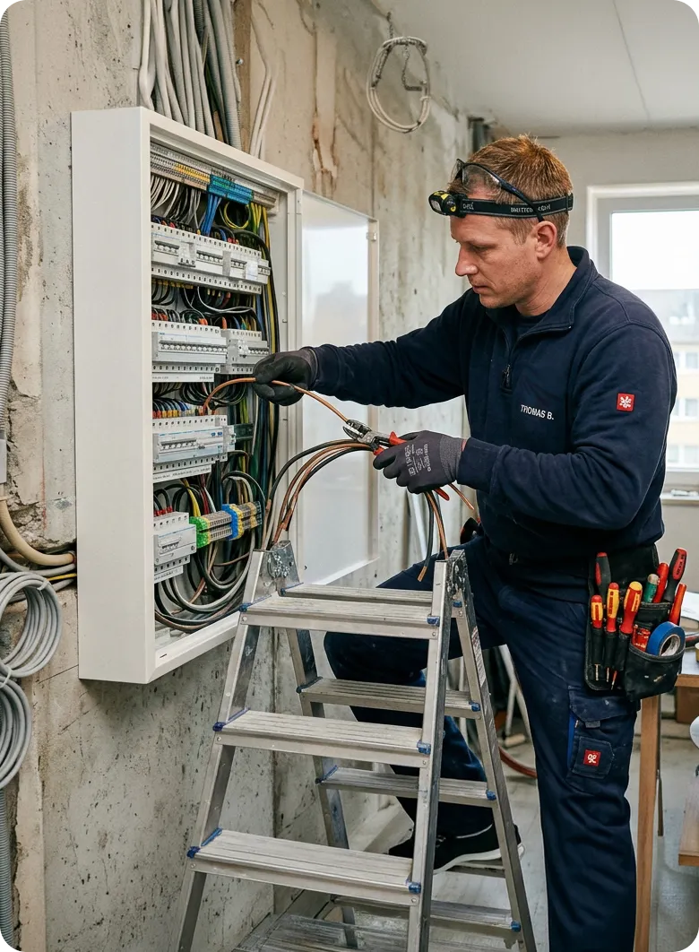 Elektriker von Maibach Bau bei Arbeiten am Sicherungskasten in Allersberg