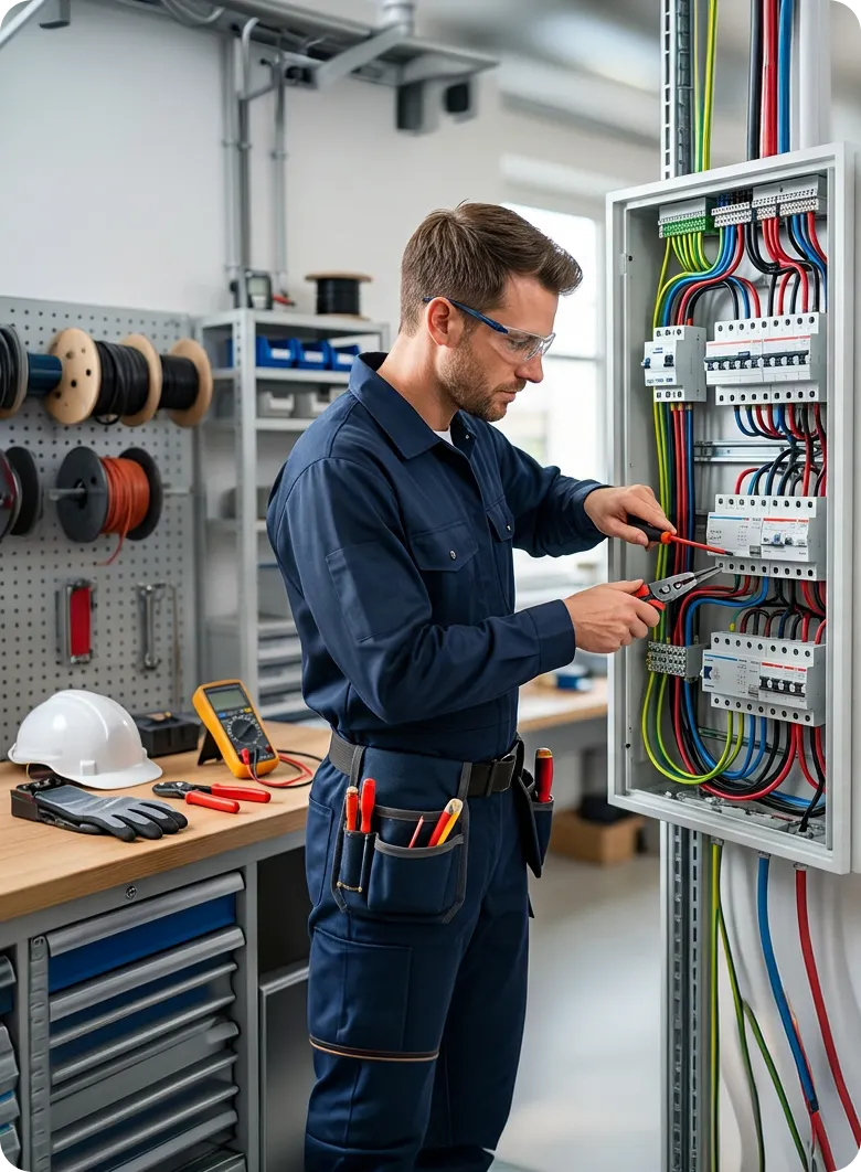 Elektriker von Maibach Bau bei der Pr&uuml;fung einer Verteilung